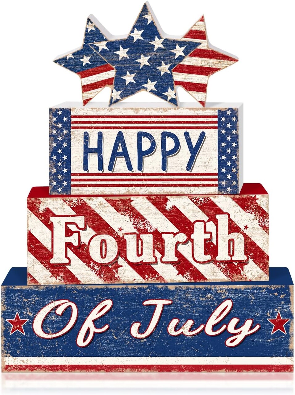 4 Pcs Patriotic Tiered Tray Decor, Farmhouse 4th of July Table Wooden Sign Rustic Red White Blue Block Stack Decorations for Home Fireplace Mantel Memorial Day (Independence Day Happy)